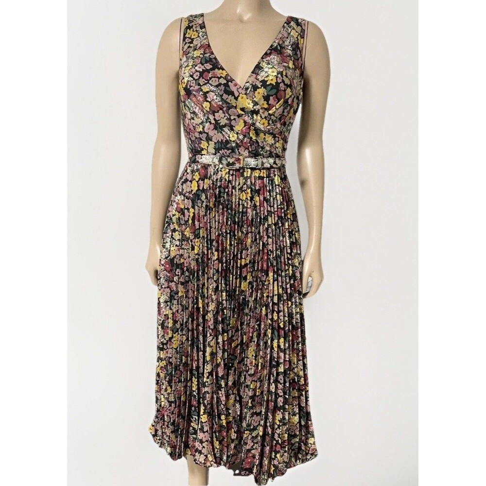 NWT Ralph Lauren Black Label Pleated Metallic Floral Dress Size 2 Jacquard